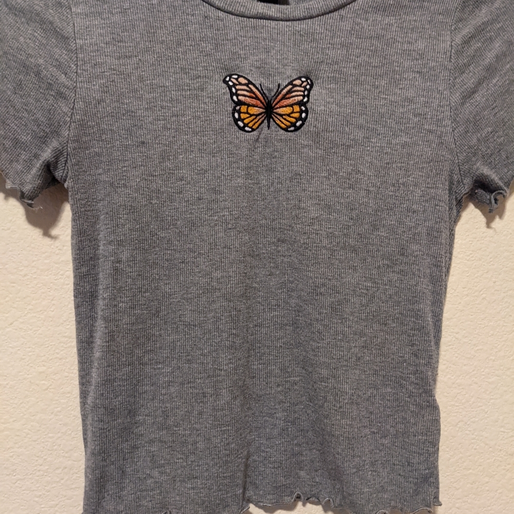 XS grey butterfly tight fitting baby tee